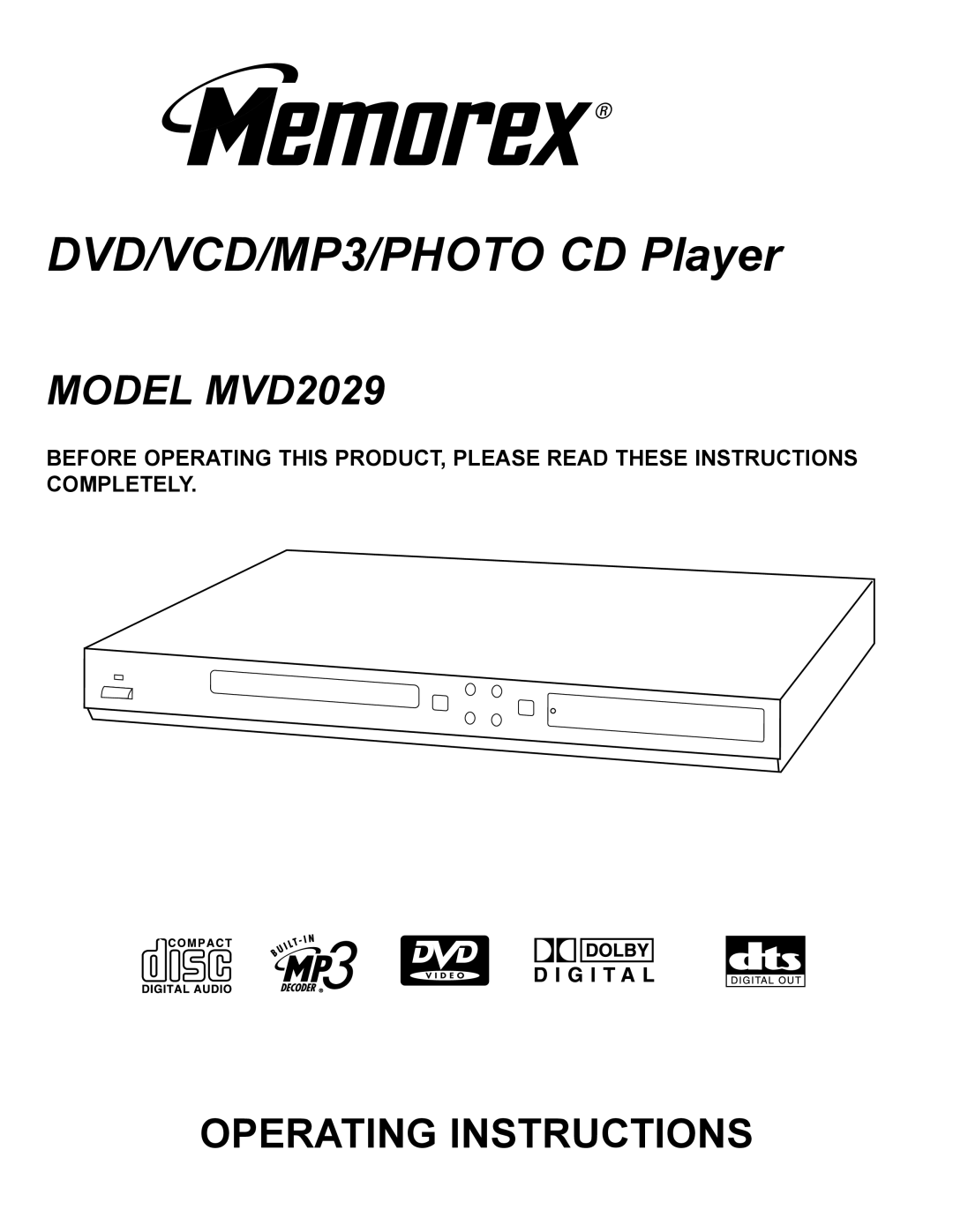 Memorex MVD2029 manual DVD/VCD/MP3/PHOTO CD Player 