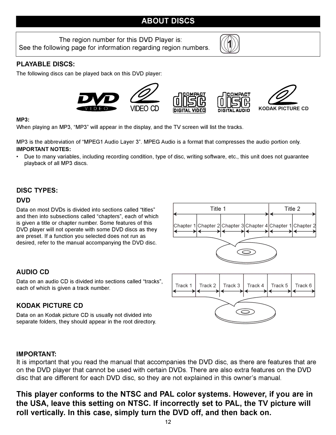 Memorex MVD2029 manual About Discs, Playable Discs, Disc Types DVD, Audio CD, Kodak Picture CD 