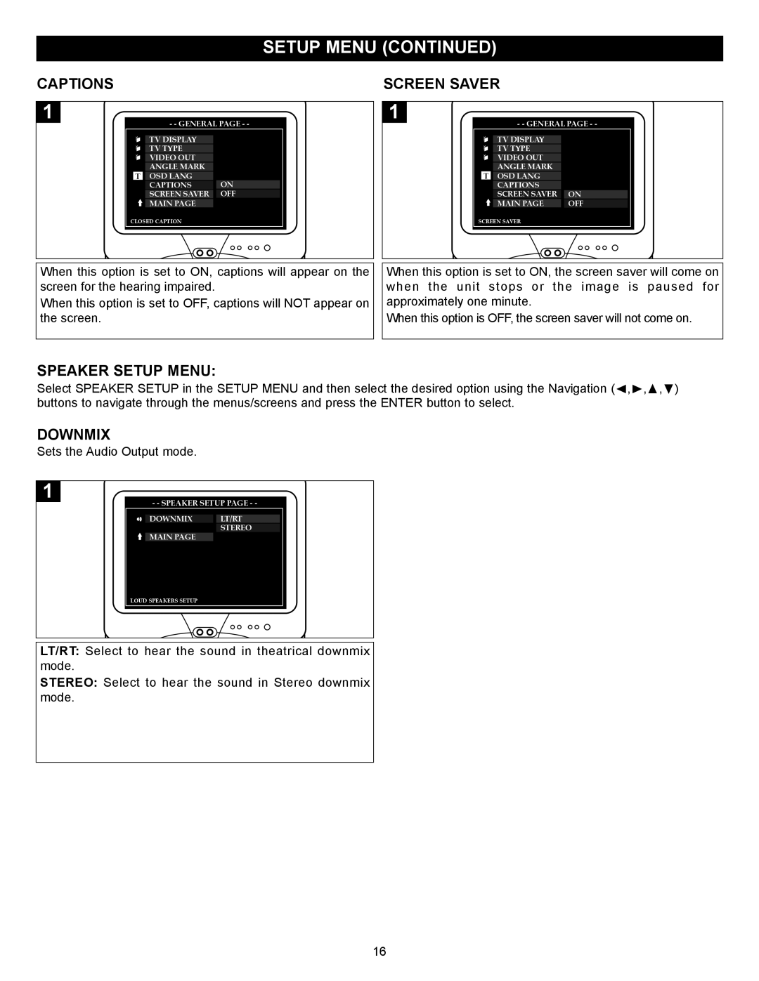 Memorex MVD2029 manual Speaker Setup Menu, Downmix 