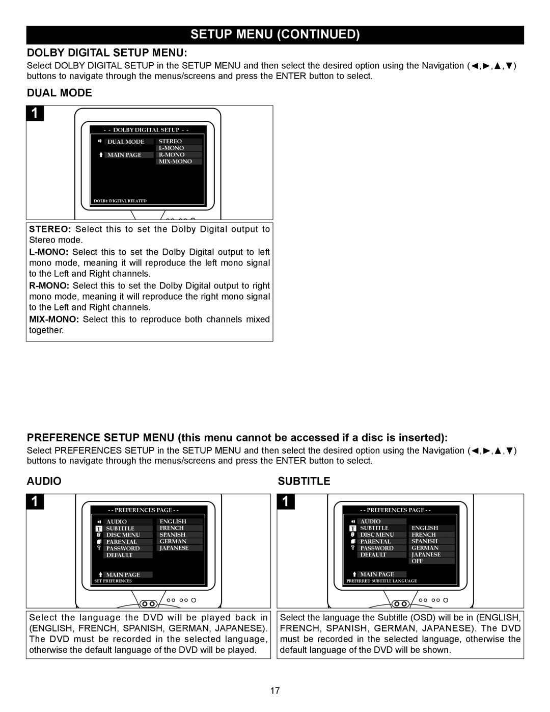 Memorex MVD2029 manual Dolby Digital Setup Menu, Dual Mode 