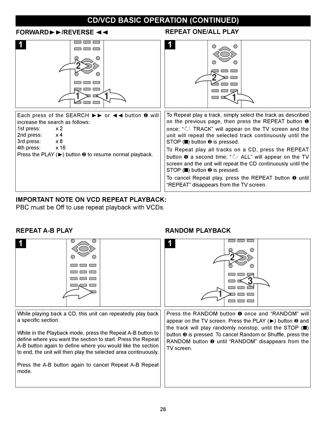 Memorex MVD2029 manual FORWARD❿❿/REVERSE Repeat ONE/ALL Play, Important Note on VCD Repeat Playback 