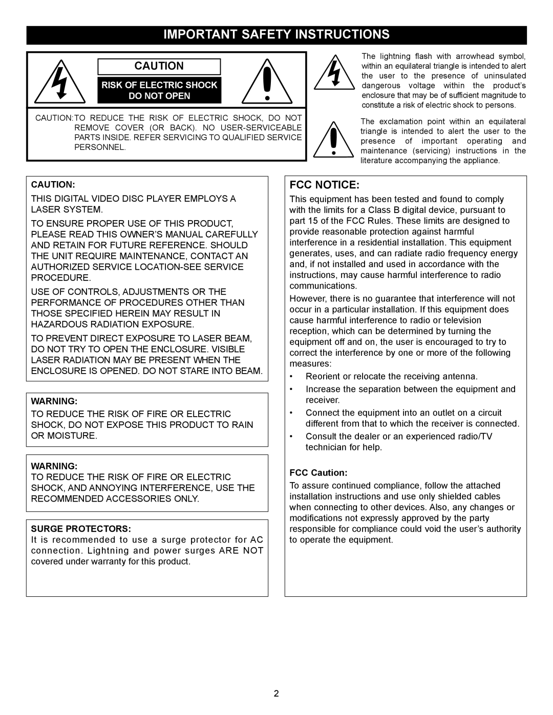 Memorex MVD2029 manual Important Safety Instructions, FCC Notice, Surge Protectors, FCC Caution 