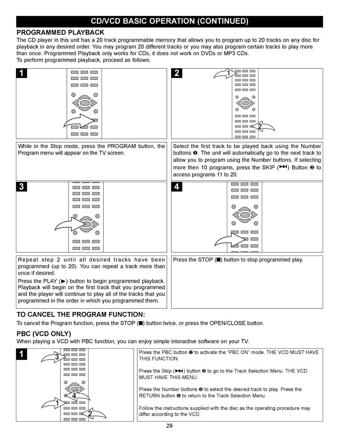 Memorex MVD2029 manual Programmed Playback, To Cancel the Program Function, PBC VCD only 