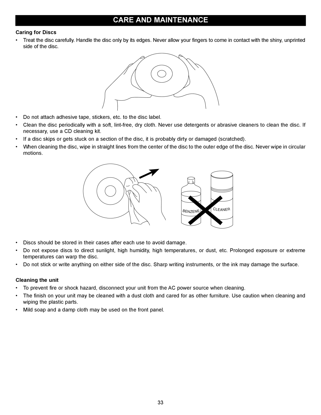 Memorex MVD2029 manual Care and Maintenance, Caring for Discs, Cleaning the unit 