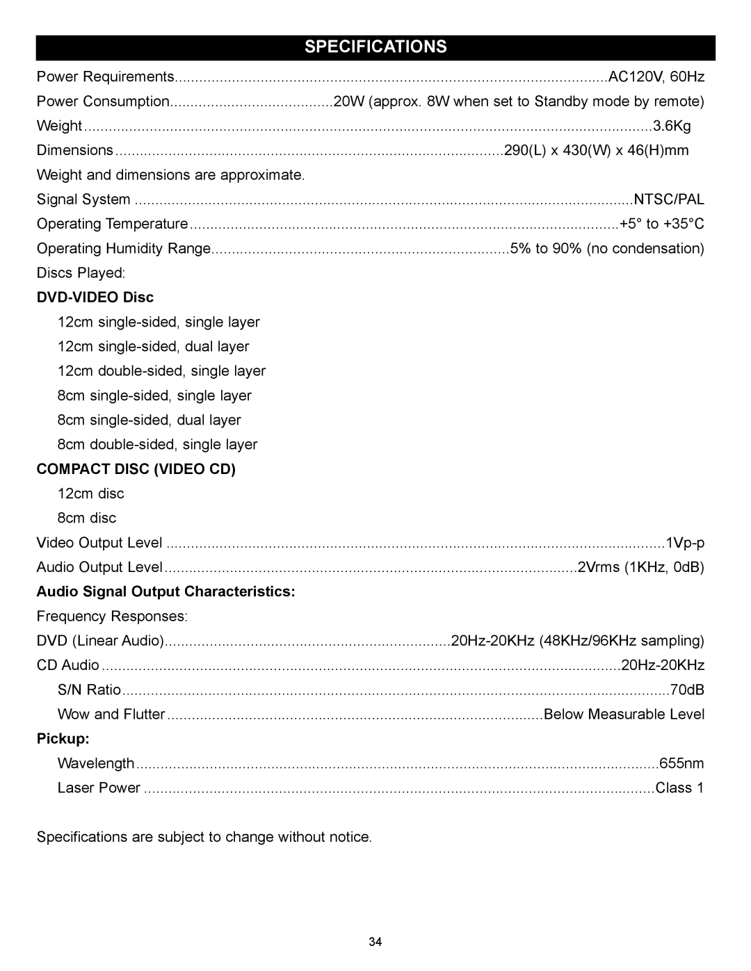 Memorex MVD2029 manual Specifications, Compact Disc Video CD 