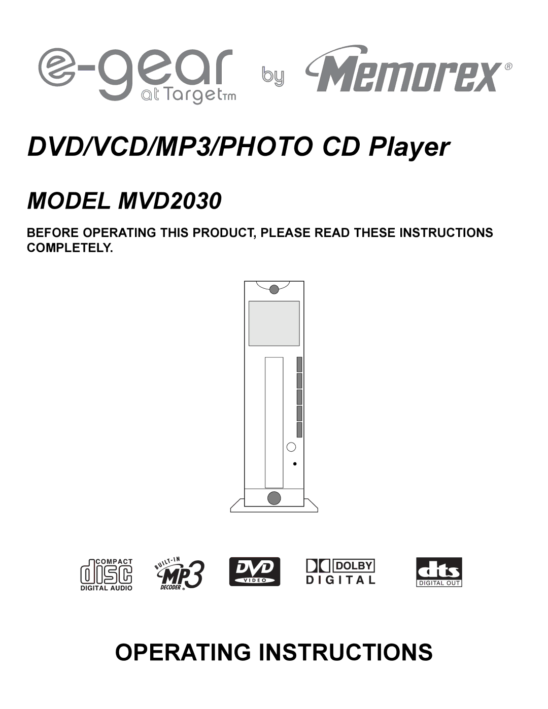 Memorex MVD2030 manual DVD/VCD/MP3/PHOTO CD Player 