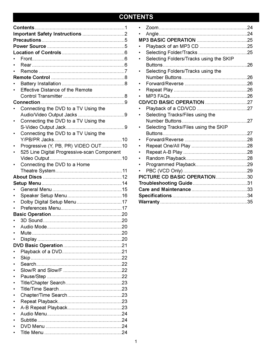 Memorex MVD2030 manual Contents 