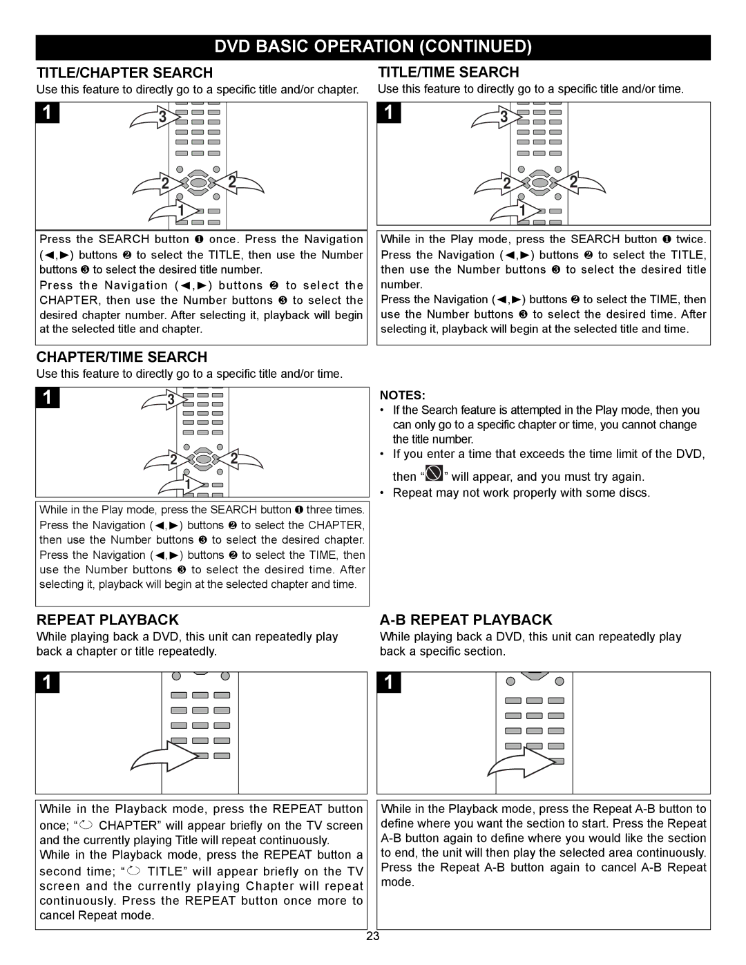 Memorex MVD2030 manual TITLE/CHAPTER Search, TITLE/TIME Search, CHAPTER/TIME Search, Repeat Playback 