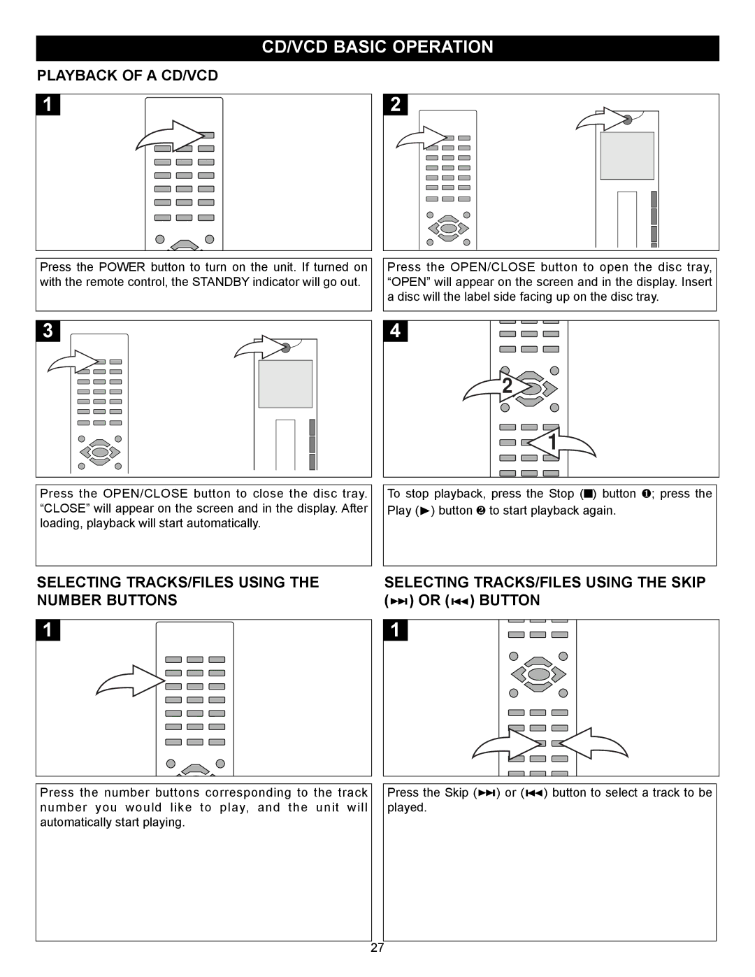 Memorex MVD2030 manual CD/VCD Basic Operation, Playback of a CD/VCD, Selecting TRACKS/FILES Using the Number Buttons 