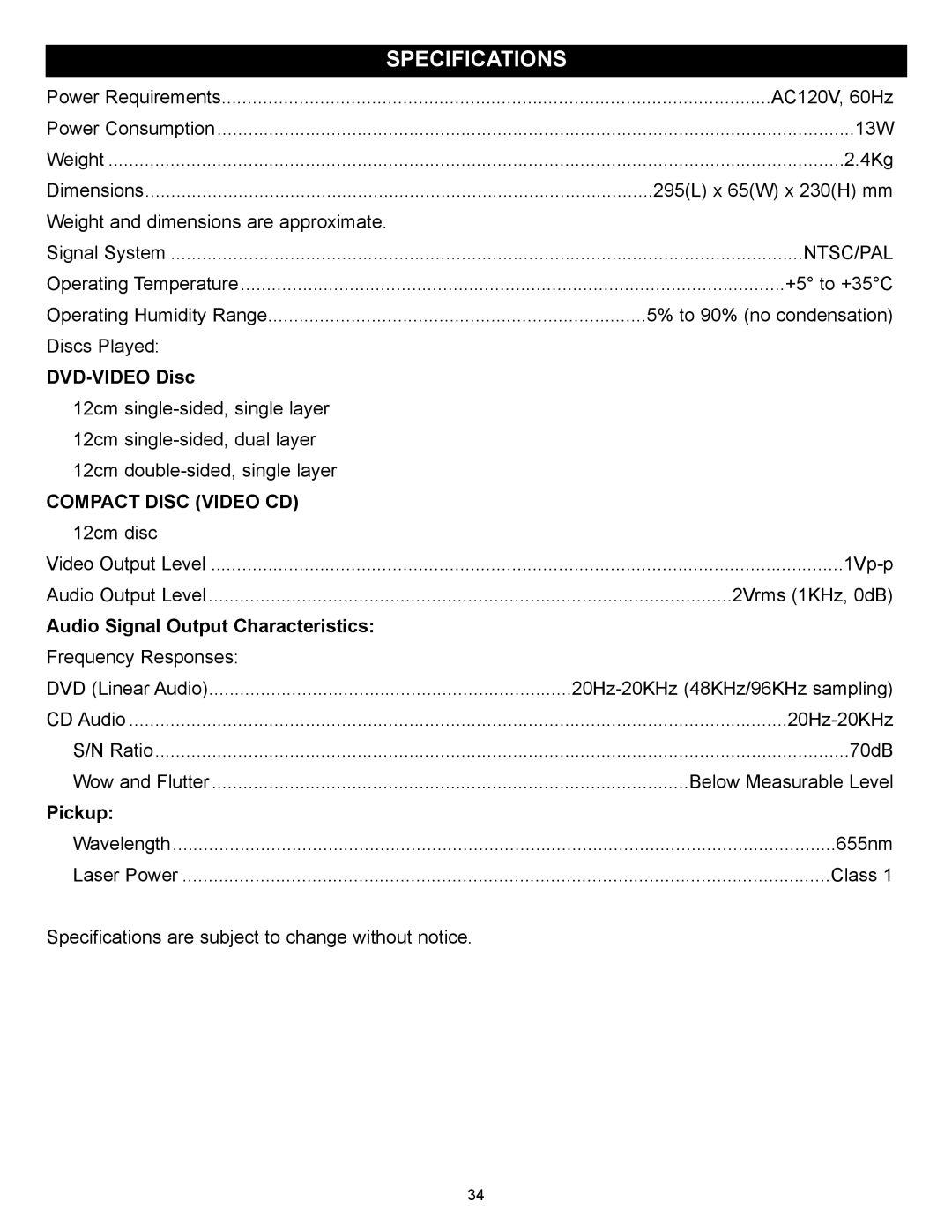 Memorex MVD2030 manual Specifications, Compact Disc Video CD 