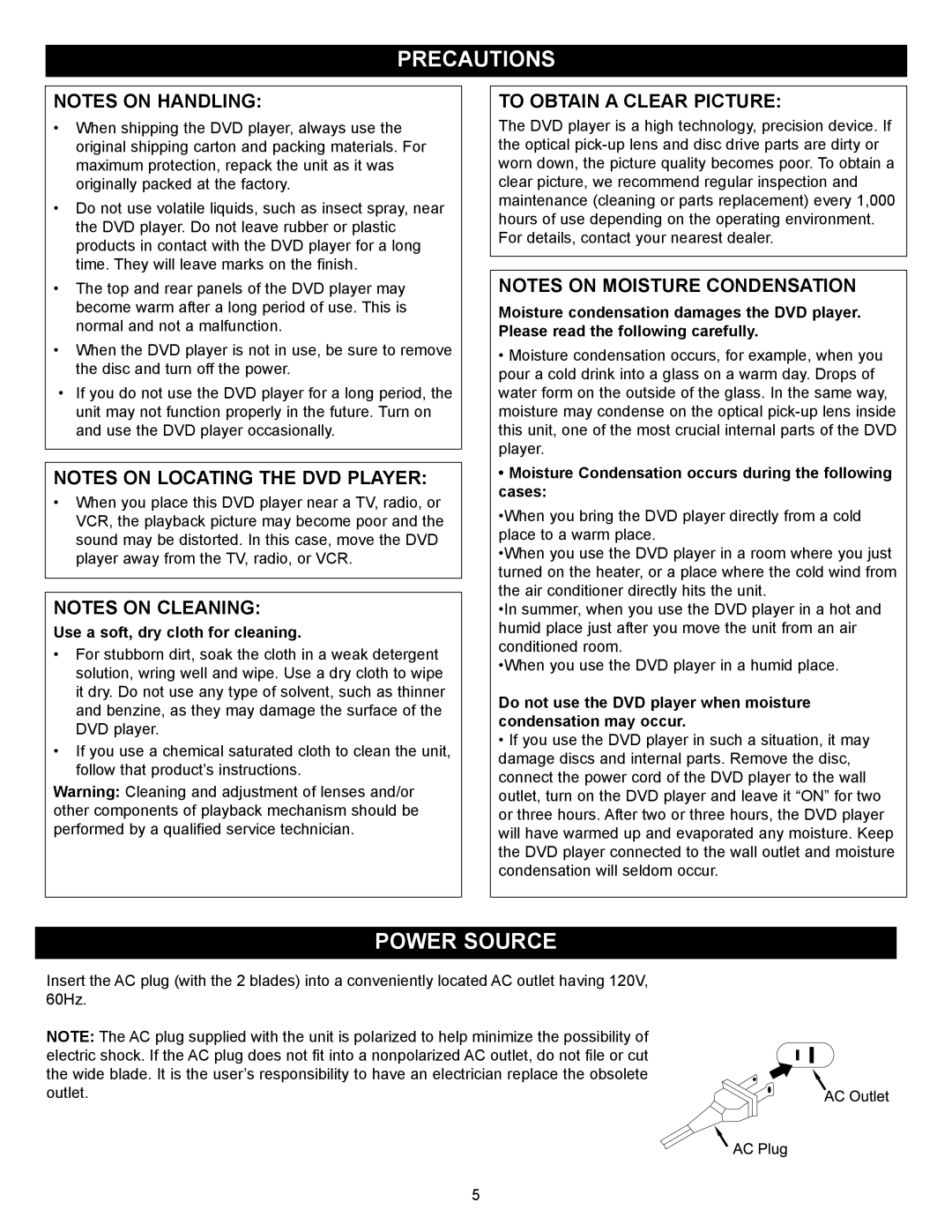 Memorex MVD2030 manual Precautions, Power Source, To Obtain a Clear Picture, Use a soft, dry cloth for cleaning 