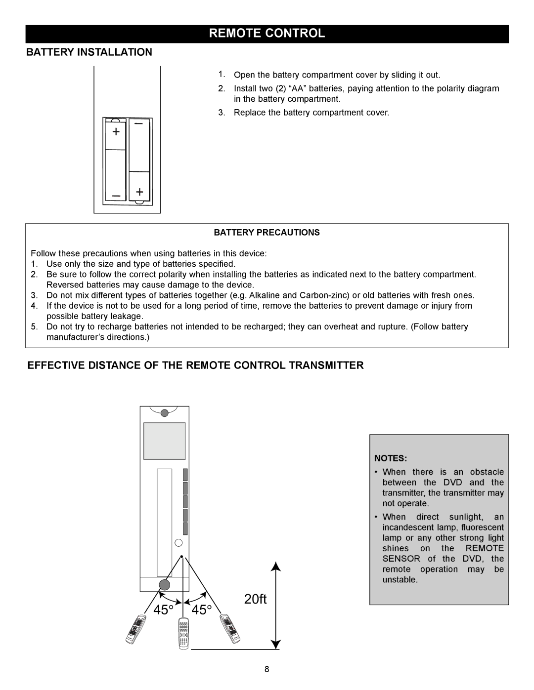 Memorex MVD2030 manual Battery Installation, Effective Distance of the Remote Control Transmitter, Battery Precautions 