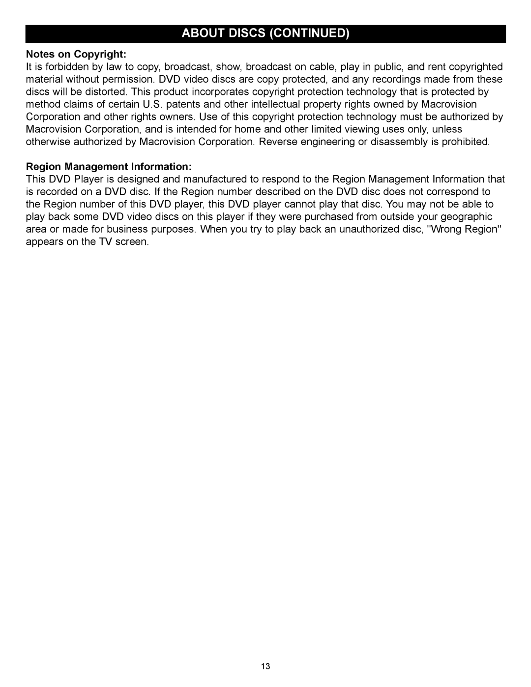 Memorex MVD2032 manual Region Management Information 