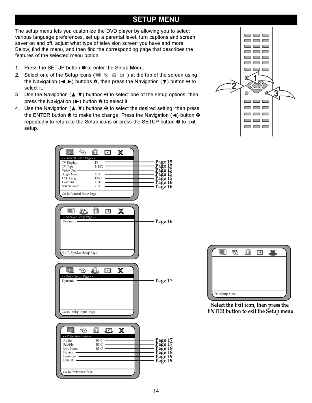 Memorex MVD2032 manual Setup Menu, Off 