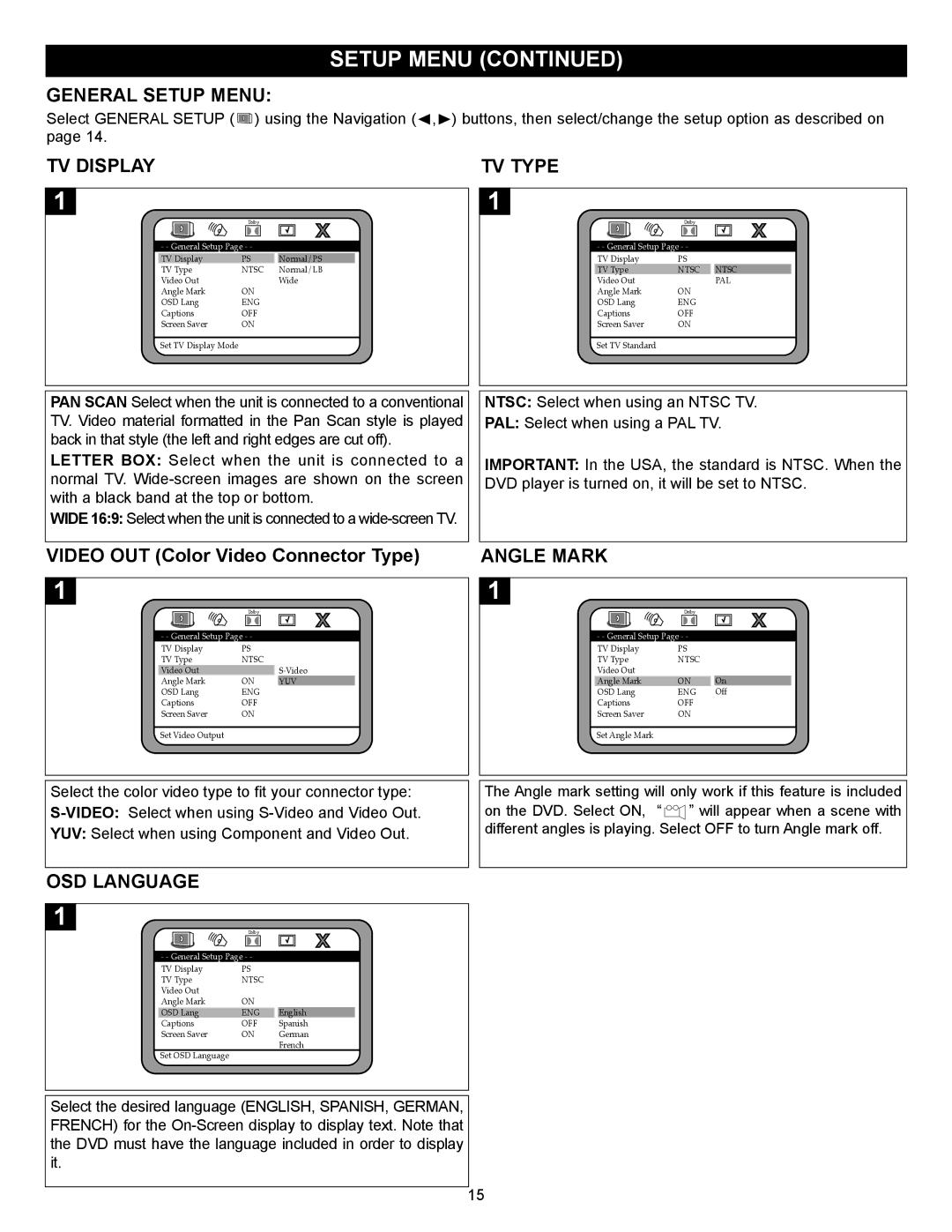 Memorex MVD2032 manual General Setup Menu, TV Display TV Type, Angle Mark, OSD Language 