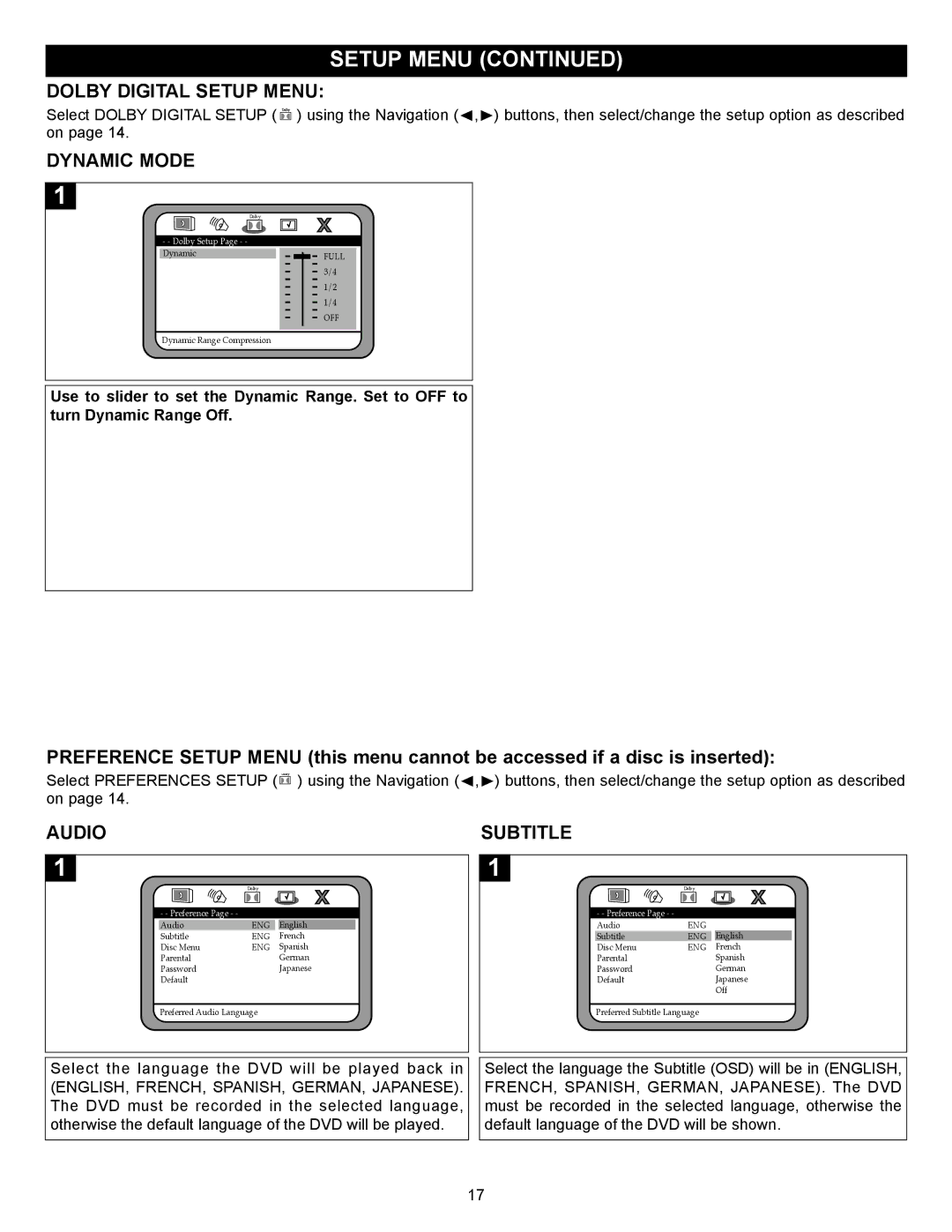 Memorex MVD2032 manual Dolby Digital Setup Menu, Dynamic Mode, Audio, Subtitle 