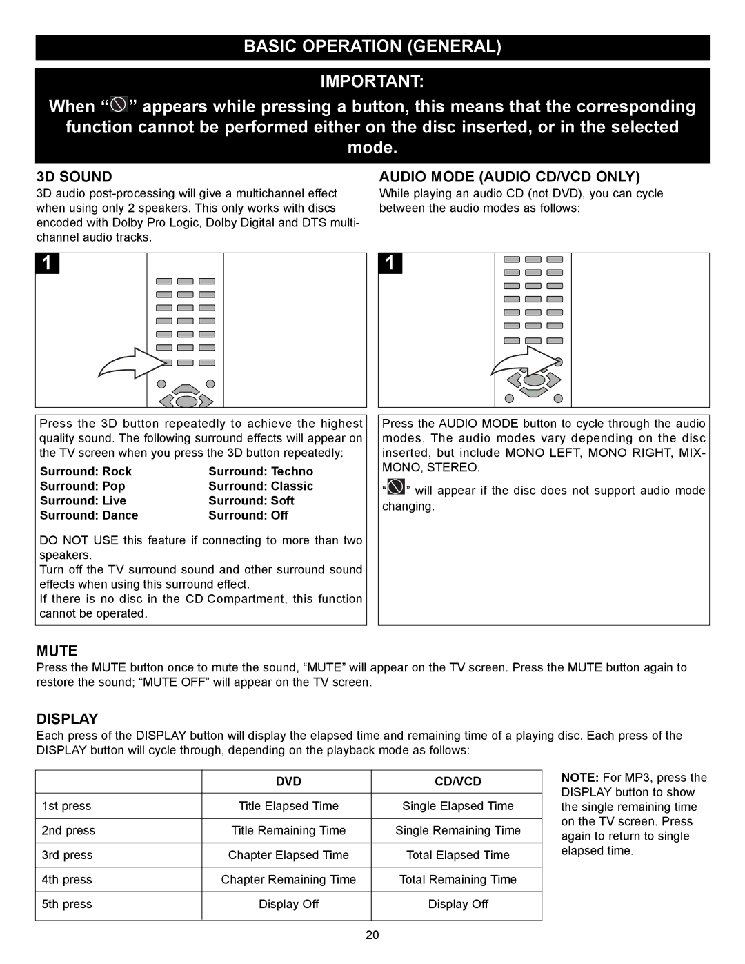 Memorex MVD2032 manual Basic Operation General, 3D Sound Audio Mode Audio CD/VCD only, Mute, Display, Dvd Cd/Vcd 