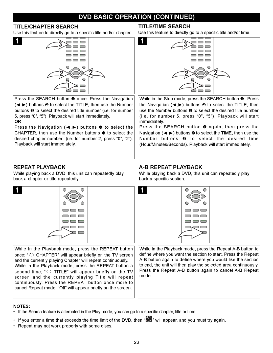 Memorex MVD2032 manual TITLE/CHAPTER Search, TITLE/TIME Search, Repeat Playback 