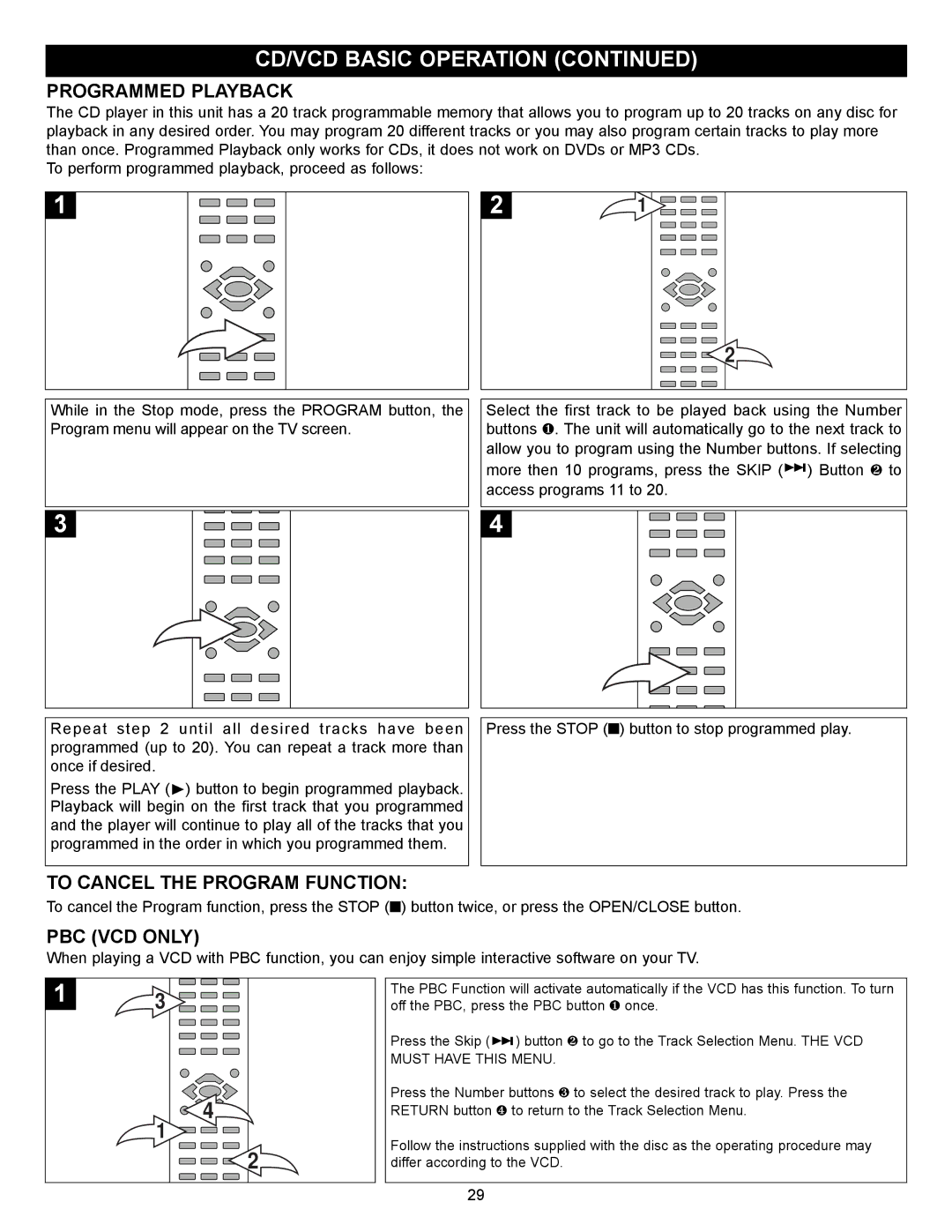 Memorex MVD2032 manual Programmed Playback, To Cancel the Program Function, PBC VCD only 