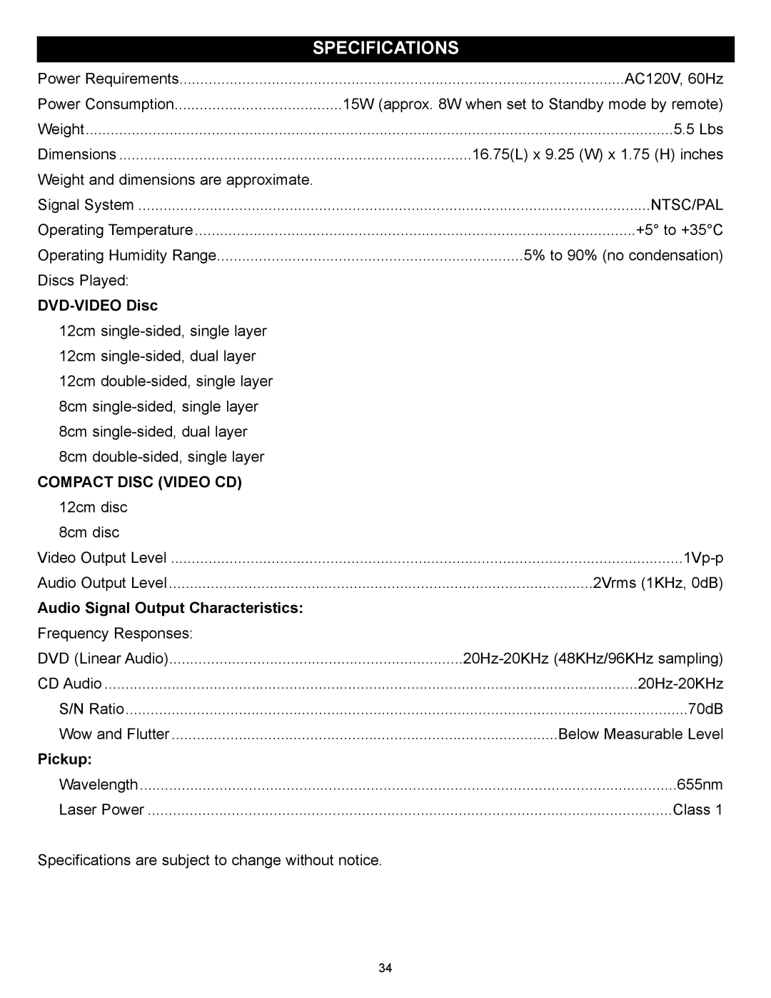 Memorex MVD2032 manual Specifications, Compact Disc Video CD 