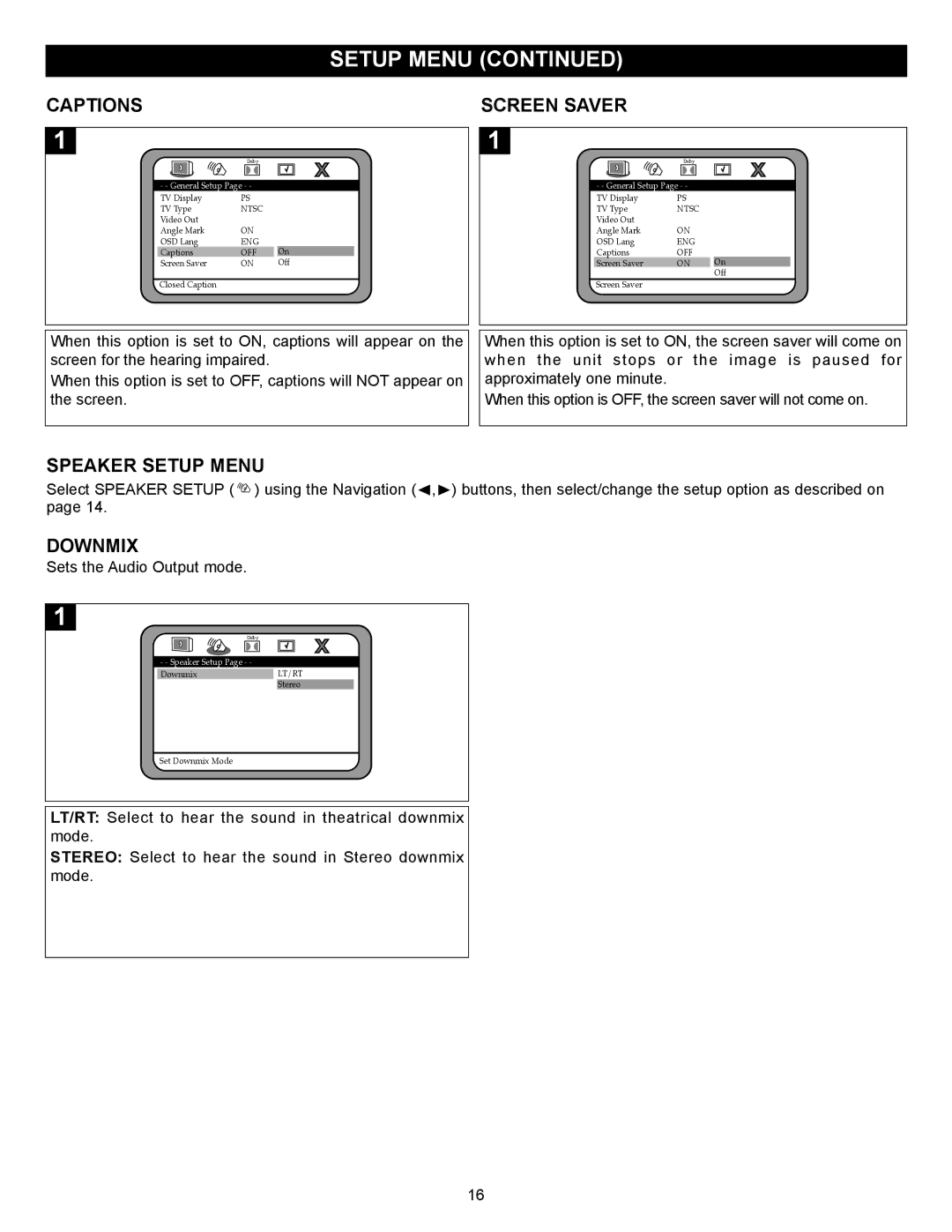 Memorex MVD2037 manual Captions, Screen Saver, Speaker Setup Menu, Downmix 