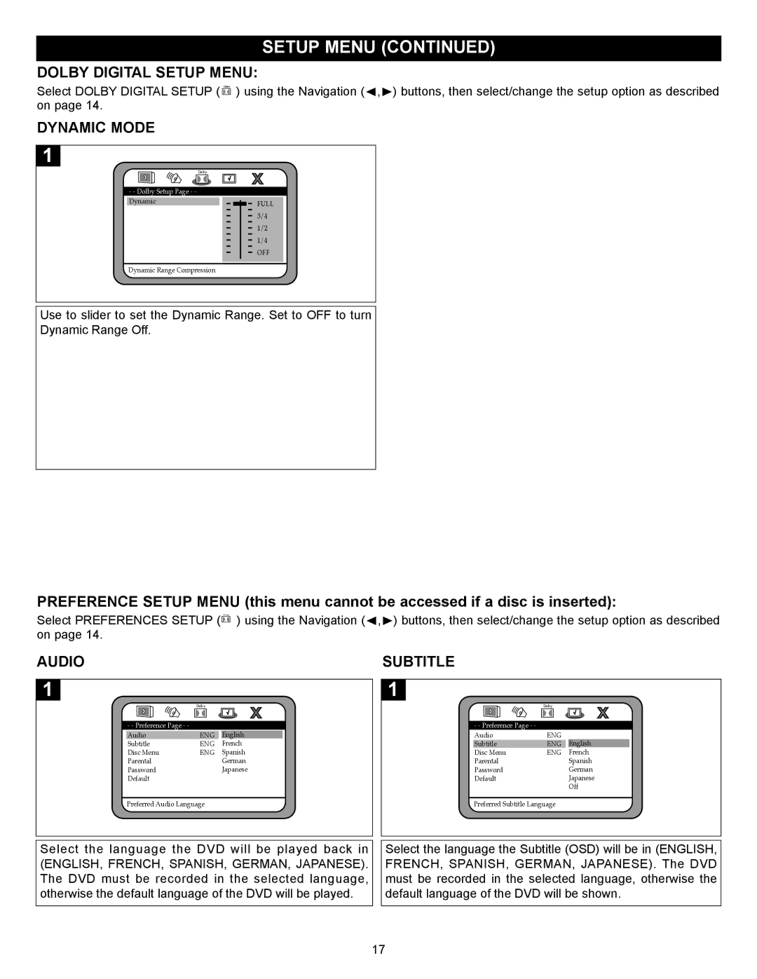 Memorex MVD2037 manual Dolby Digital Setup Menu, Dynamic Mode, Audio, Subtitle 