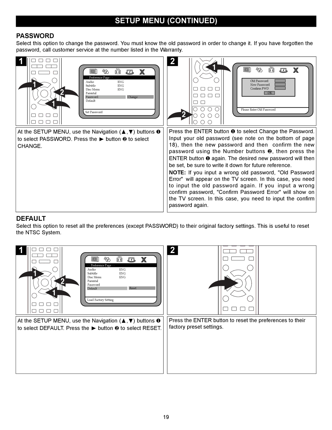 Memorex MVD2037 manual Password, Default 