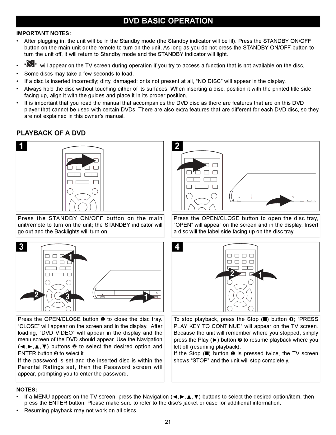 Memorex MVD2037 manual DVD Basic Operation, Playback of a DVD 