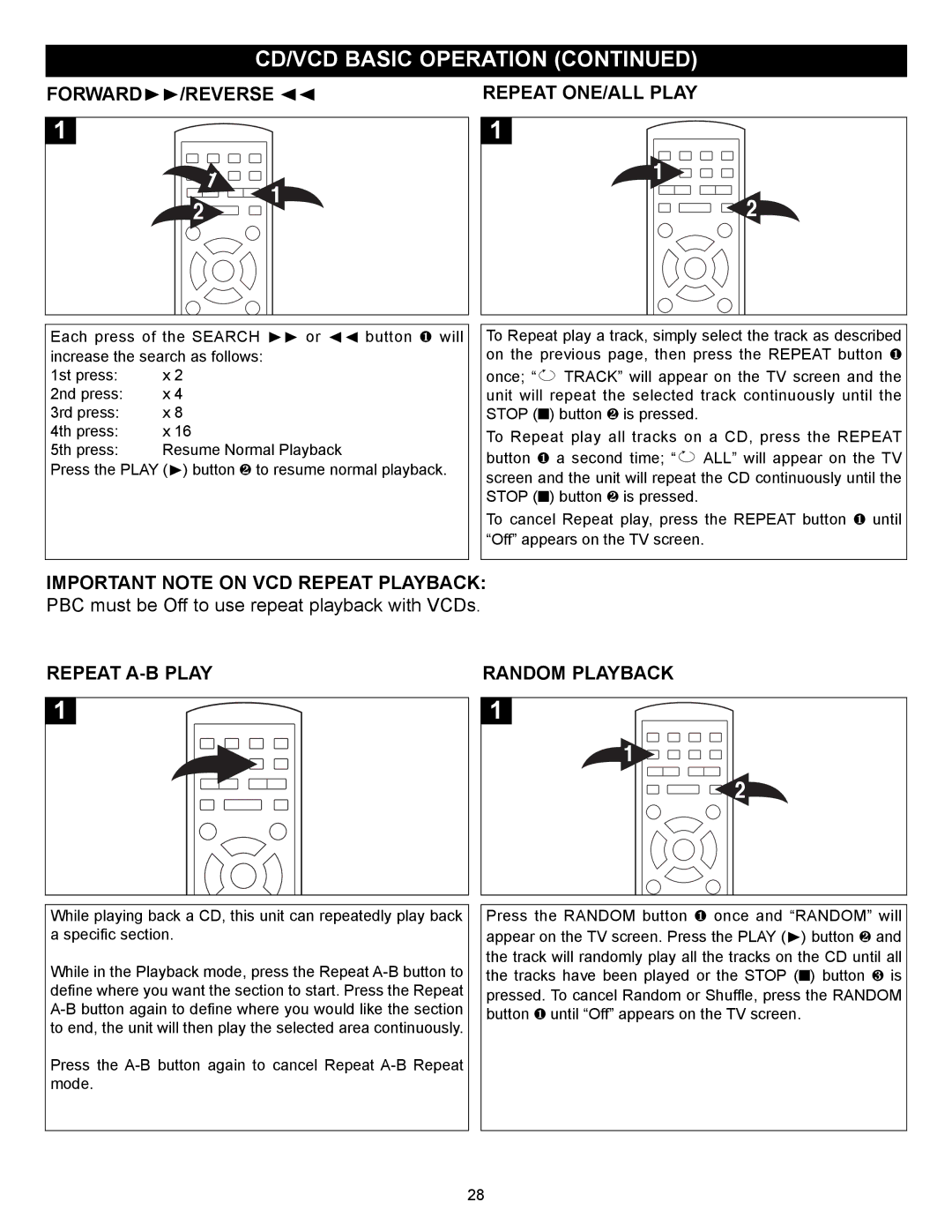 Memorex MVD2037 manual Important Note on VCD Repeat Playback, Repeat A-B Play Random Playback 