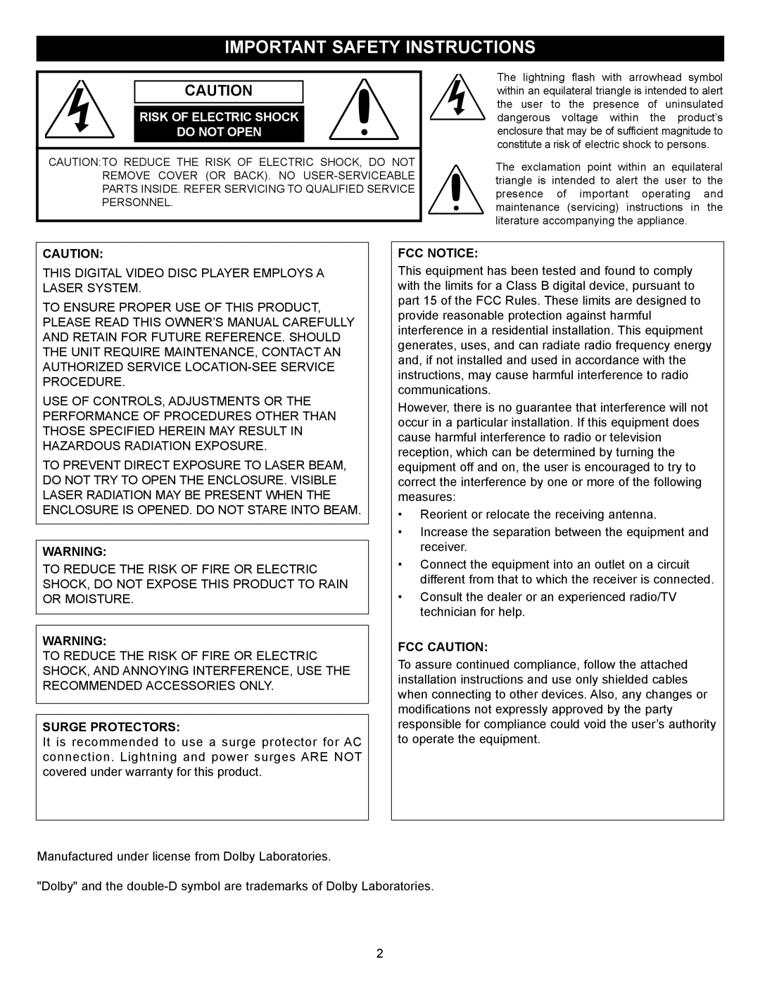 Memorex MVD2037 manual Important Safety Instructions, Surge Protectors, FCC Notice, FCC Caution 