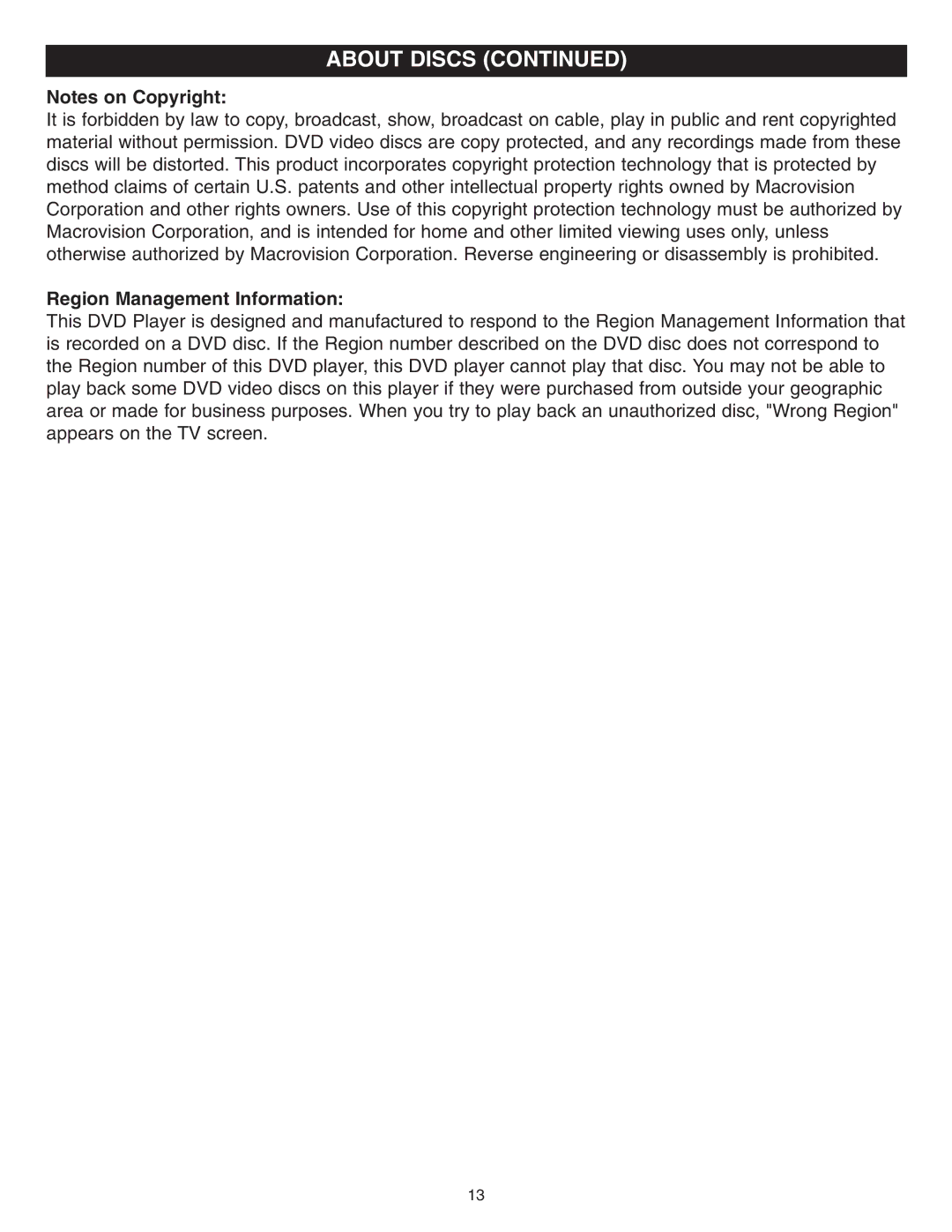 Memorex MVD2042 manual Region Management Information 