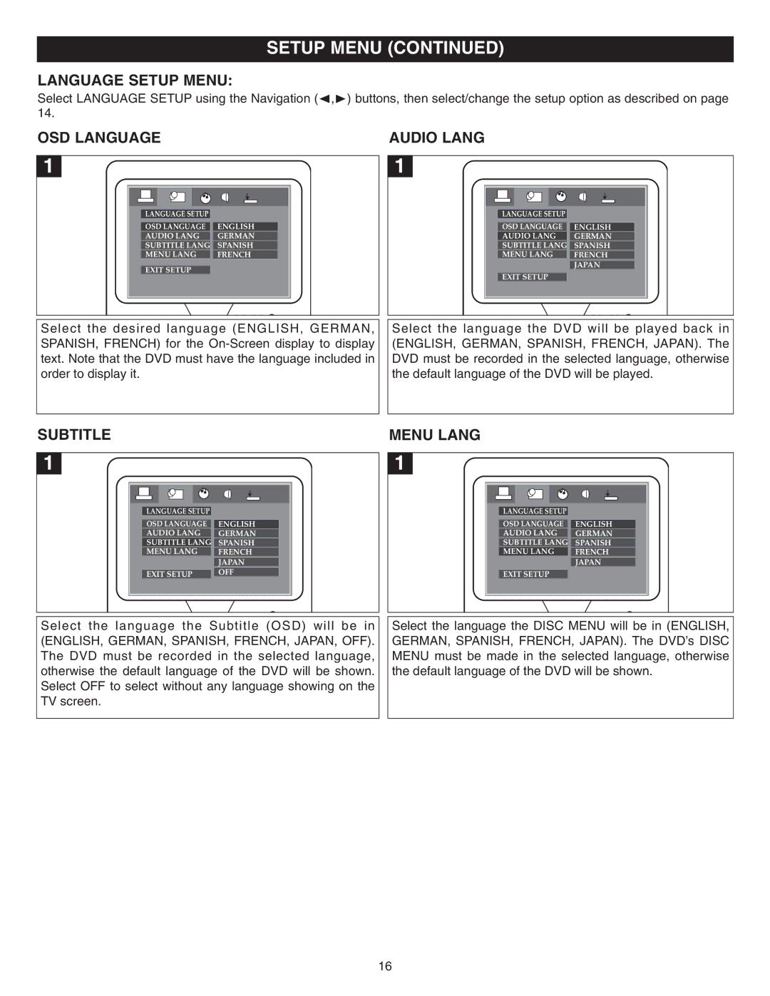 Memorex MVD2042 manual Language Setup Menu, OSD Language Audio Lang, Subtitle, Menu Lang 