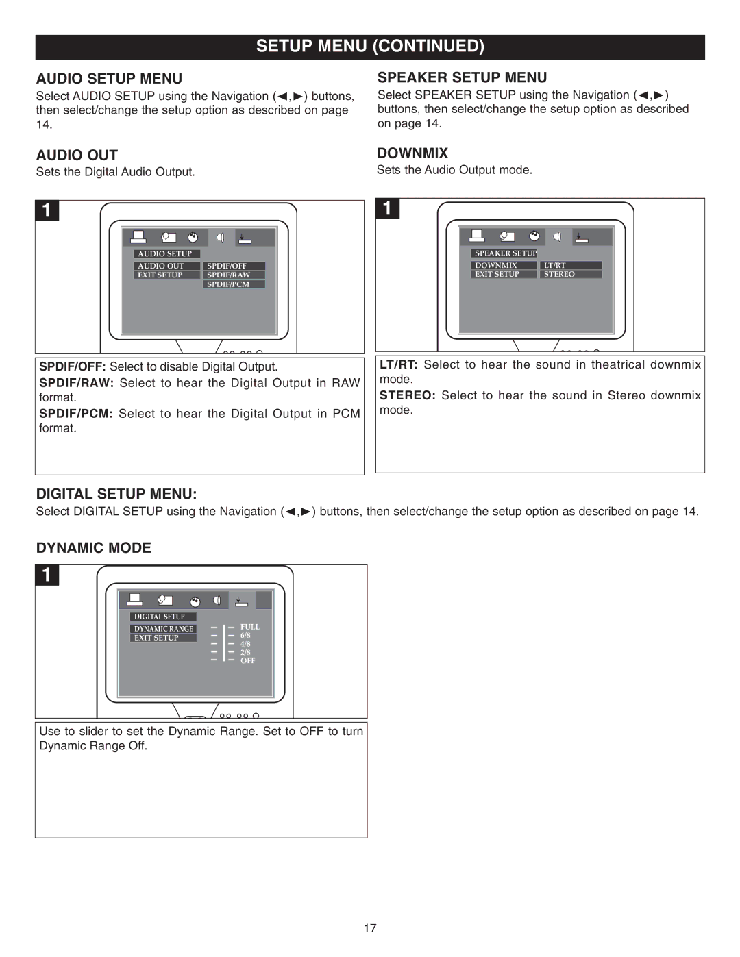 Memorex MVD2042 manual Audio Setup Menu, Speaker Setup Menu, Audio OUT Downmix, Digital Setup Menu, Dynamic Mode 