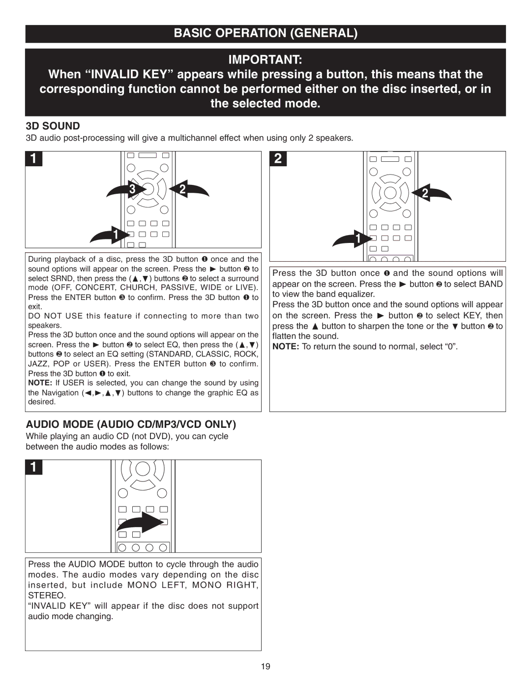 Memorex MVD2042 manual Basic Operation General, 3D Sound, Audio Mode Audio CD/MP3/VCD only 
