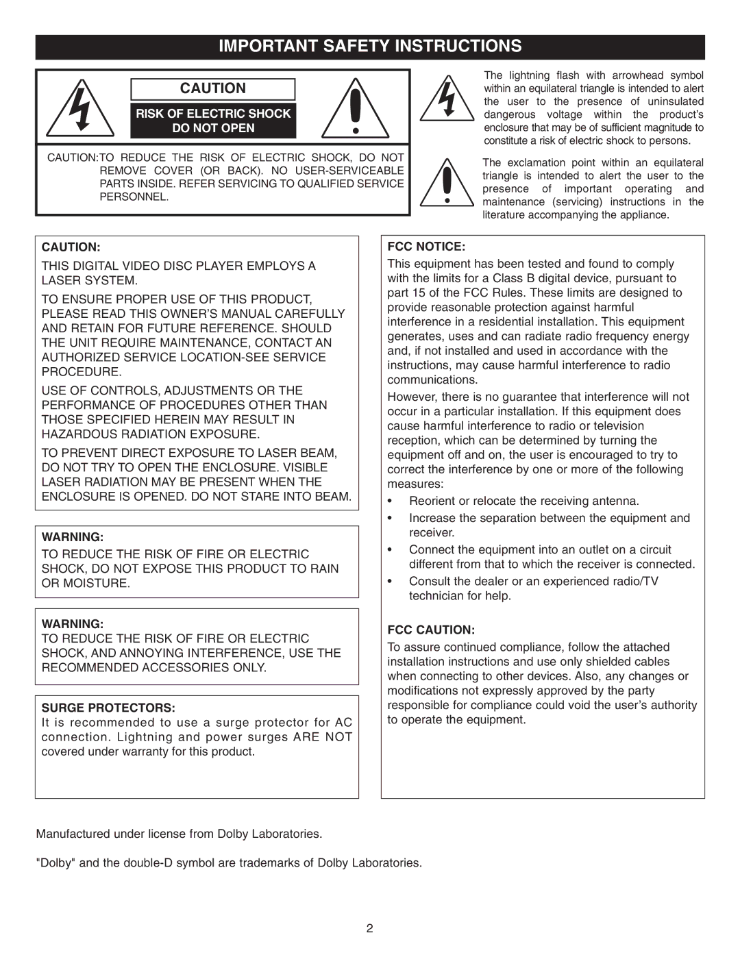 Memorex MVD2042 manual Important Safety Instructions, Surge Protectors, FCC Notice, FCC Caution 