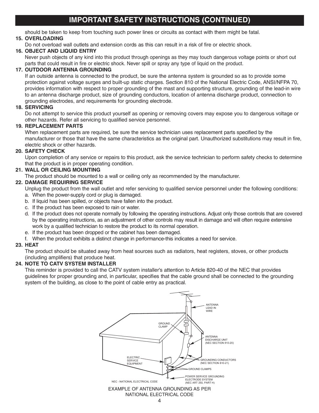 Memorex MVD2042 manual Overloading, Object and Liquid Entry, Outdoor Antenna Grounding, Servicing, Replacement Parts 