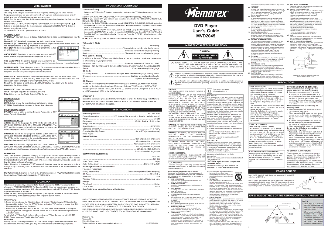 Memorex MVD2045 important safety instructions Menu System, Important Safety Instructions, Precautions, TV Guardian 