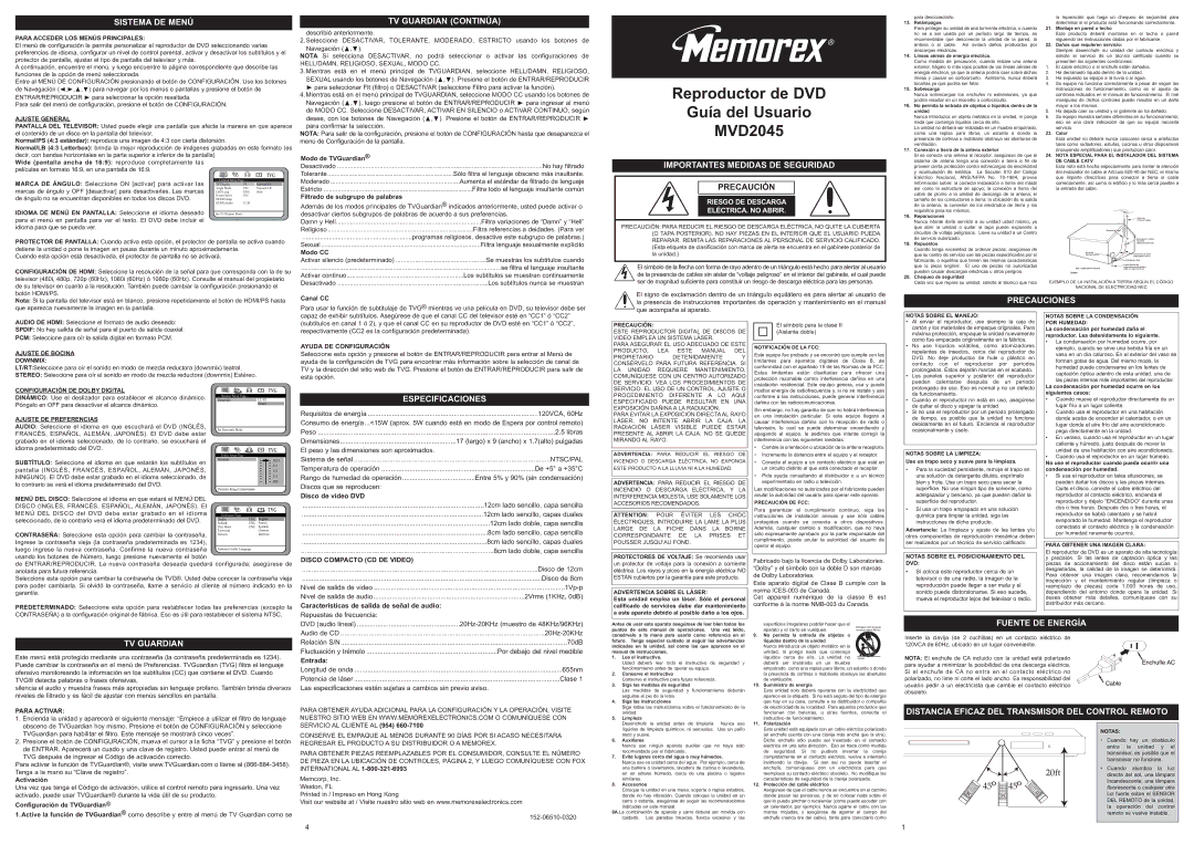 Memorex MVD2045 Sistema DE Menú, TV Guardian Continúa, Importantes Medidas DE Seguridad, Especificaciones 