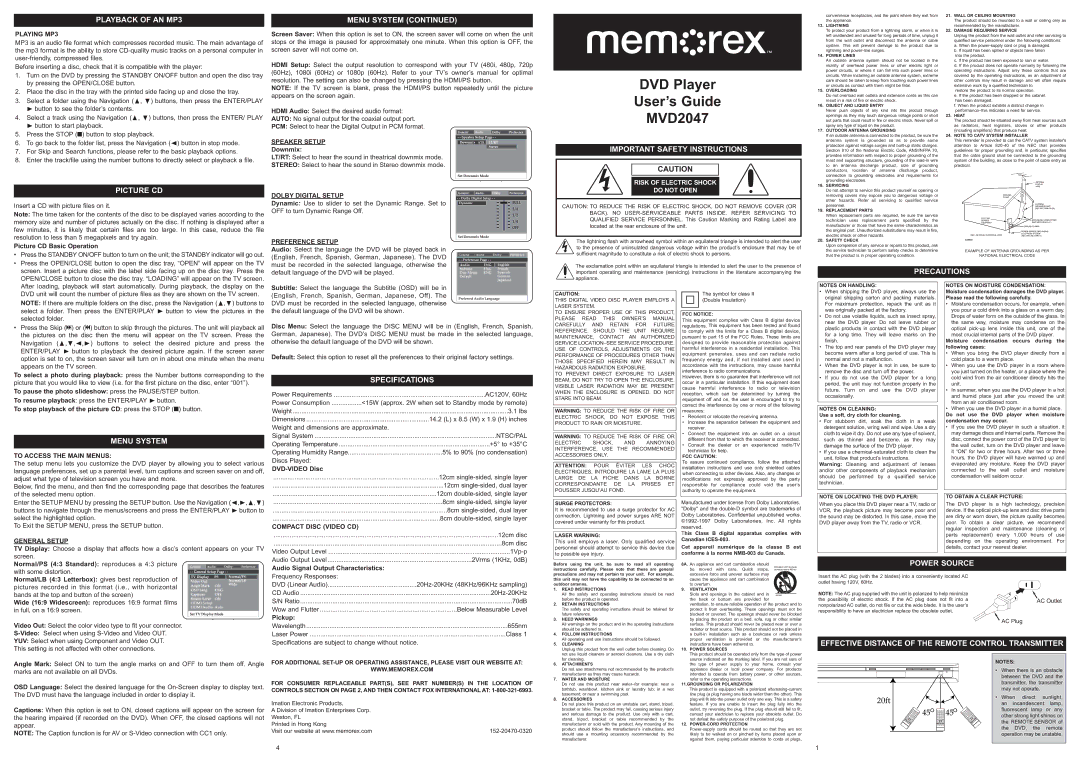 Memorex MVD2047 important safety instructions Playback of AN MP3, Picture CD, Menu System, Power Source 