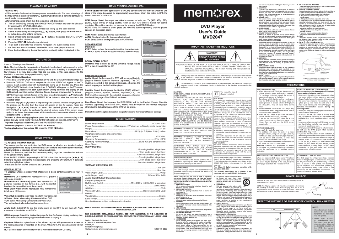 Memorex MVD2047 important safety instructions PLAYBACK OF AN MP3, Picture Cd, Menu System Continued, Power Source, 4545 