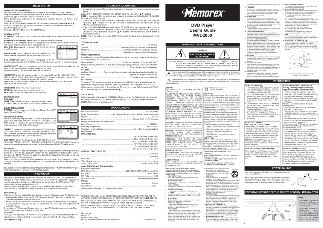 Memorex MVD2050-BLK important safety instructions Menu System, TV Guardian, Important Safety Instructions, Precautions 