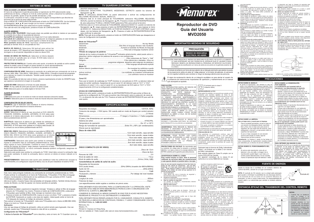 Memorex MVD2050-BLK Sistema DE Menú, TV Guardian Continúa, Importantes Medidas DE Seguridad, Especificaciones 