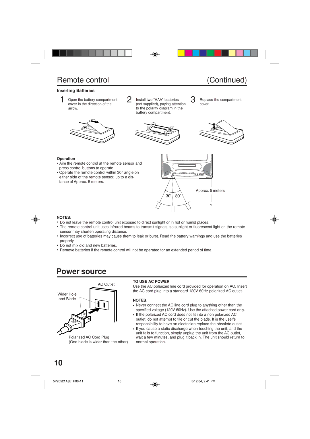 Memorex MVD2113 owner manual Power source, Inserting Batteries, Operation, To USE AC Power 