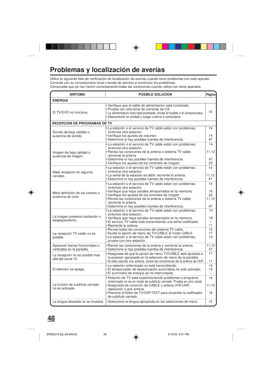 Memorex MVD2113 owner manual Problemas y localización de averías, Sintoma, Energia, Página, Recepcion DE Programas DE TV 