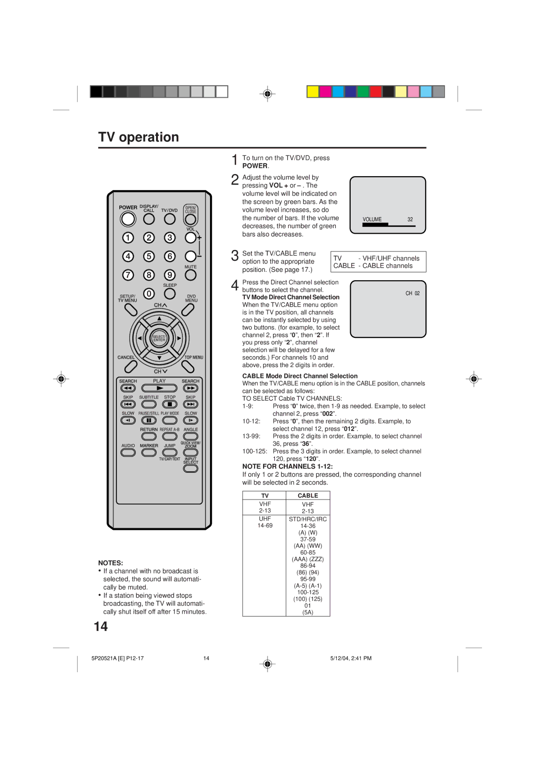 Memorex MVD2113 owner manual TV operation, Power, Number of bars. If the volume, Position. See Cable Cable channels 