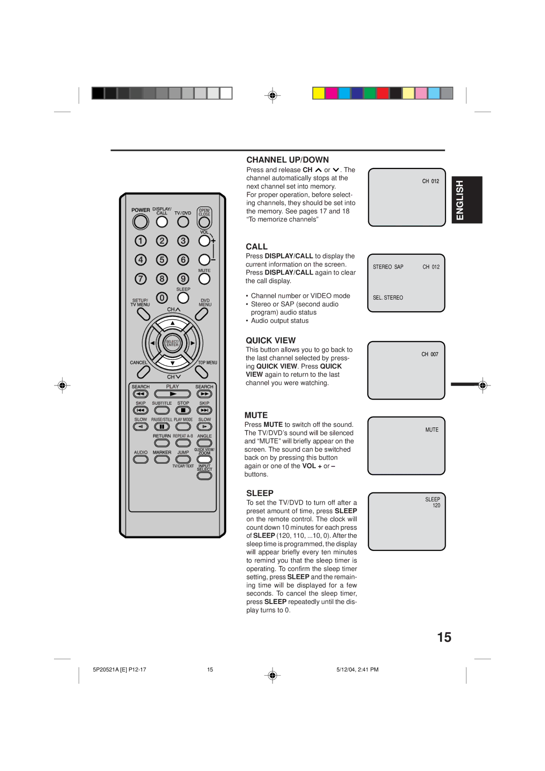 Memorex MVD2113 owner manual Channel UP/DOWN, Call, Quick View, Mute, Sleep 