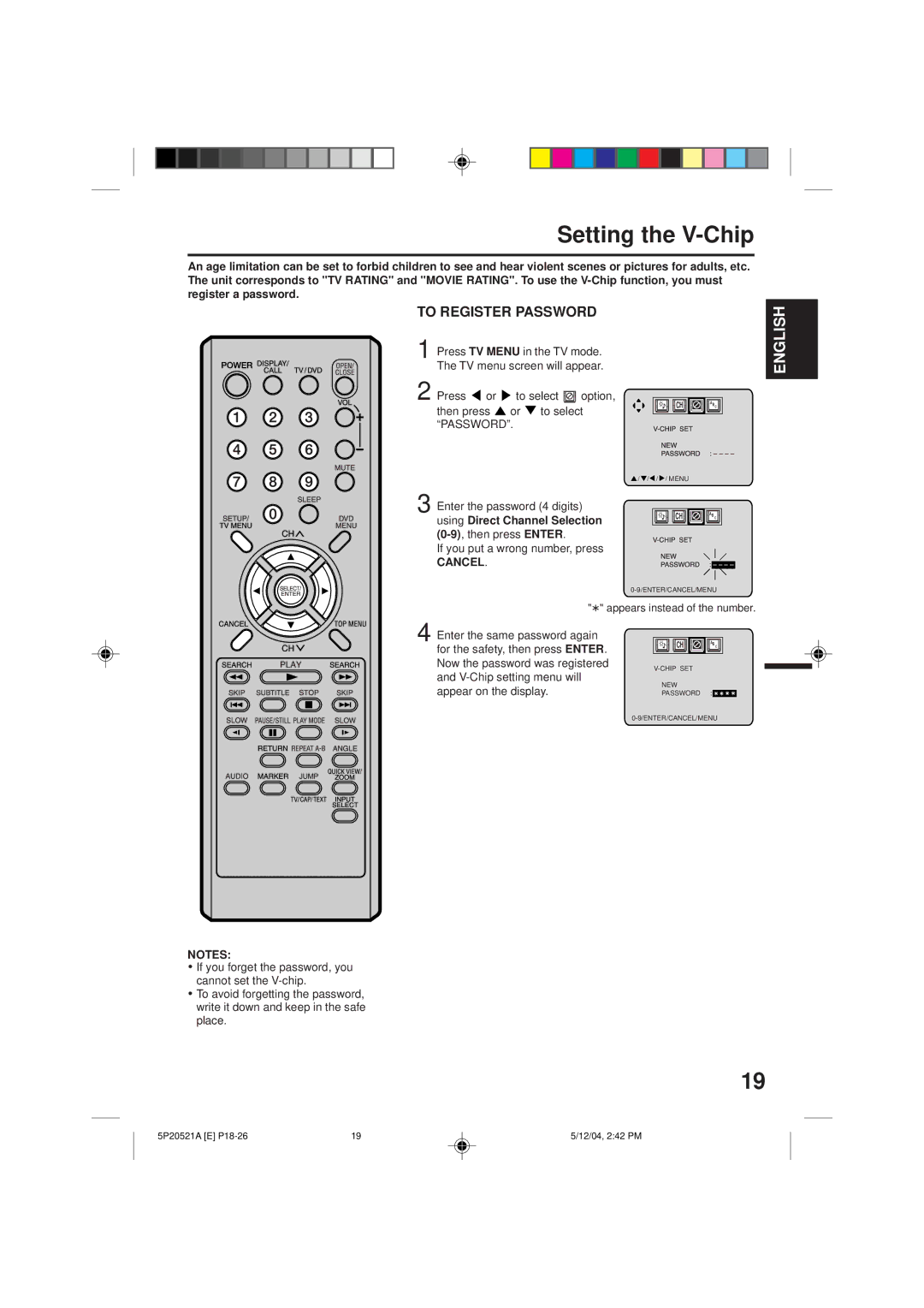 Memorex MVD2113 owner manual Setting the V-Chip, To Register Password, Using Direct Channel Selection, Cancel 