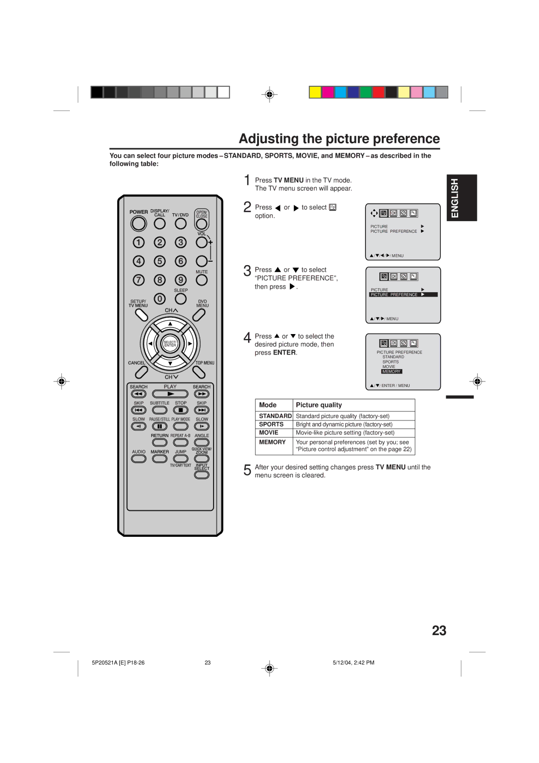 Memorex MVD2113 owner manual Adjusting the picture preference, Press or to select option, Mode Picture quality 