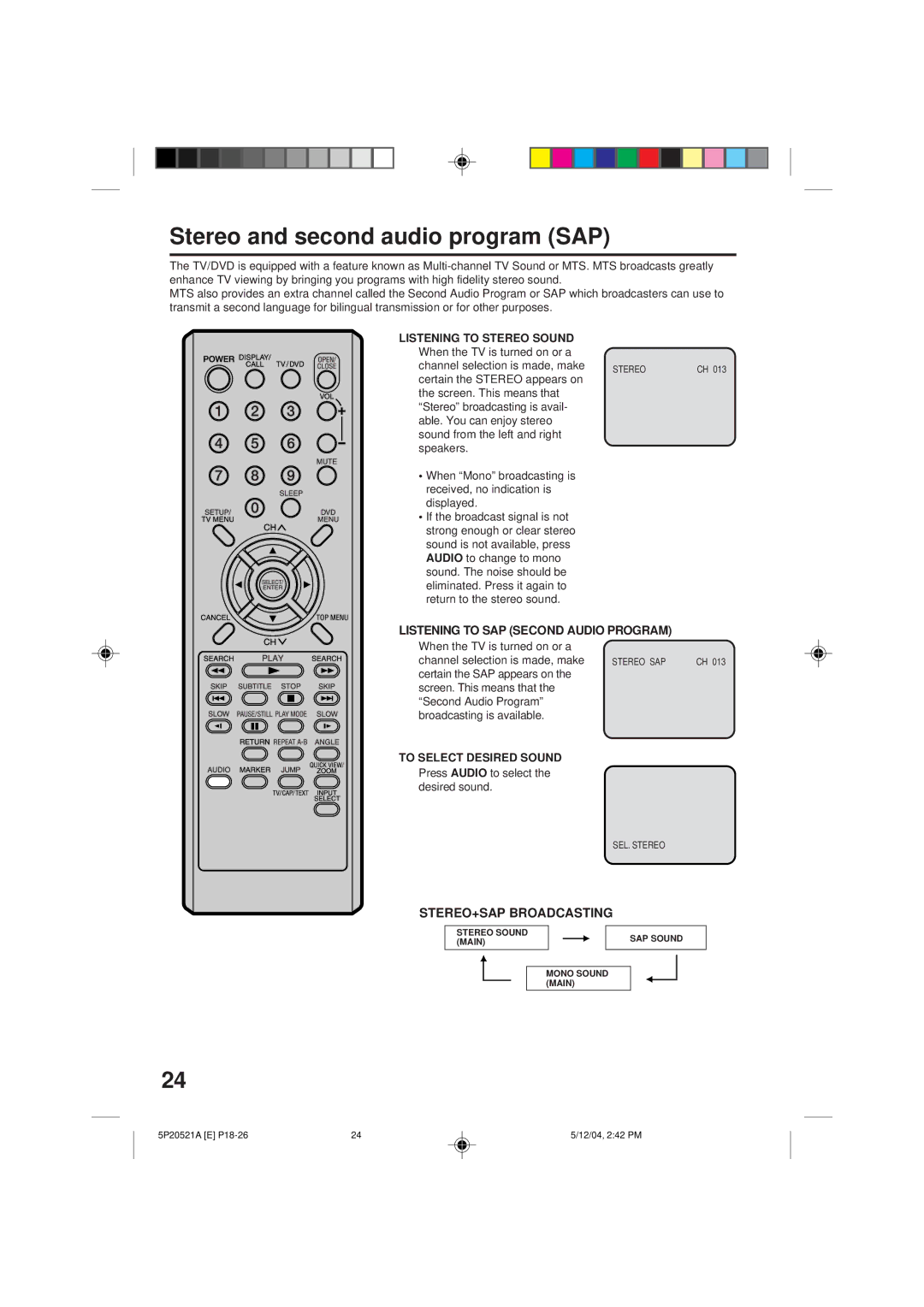 Memorex MVD2113 Stereo and second audio program SAP, Listening to Stereo Sound, Listening to SAP Second Audio Program 