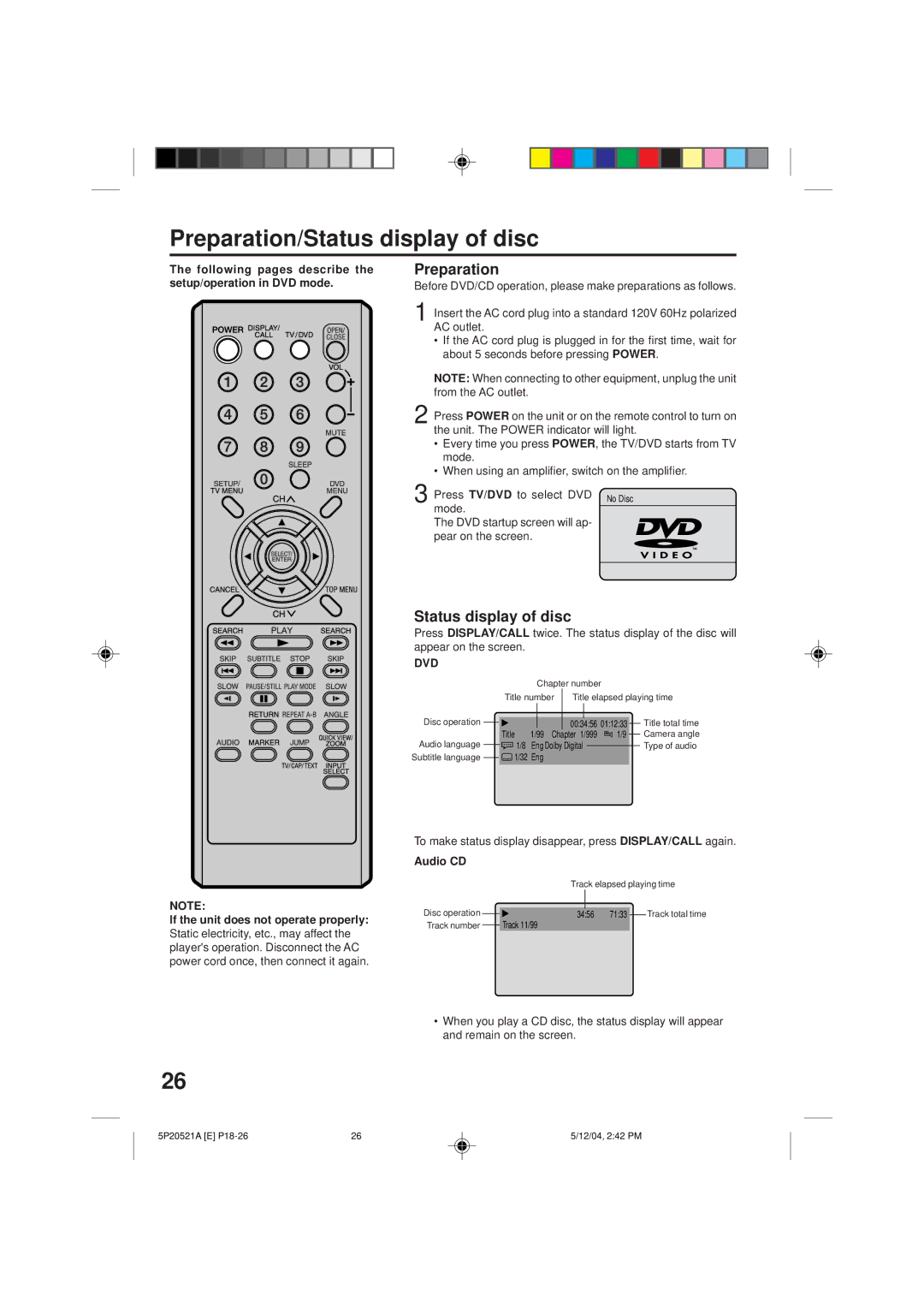 Memorex MVD2113 owner manual Preparation/Status display of disc, Dvd, Audio CD 